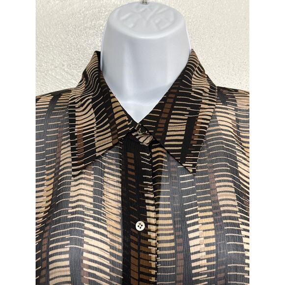 VTG Valerie Stevens Sheer Silk Geo Print Blouse XL Brown Black Fall Trend City - Picture 6 of 16